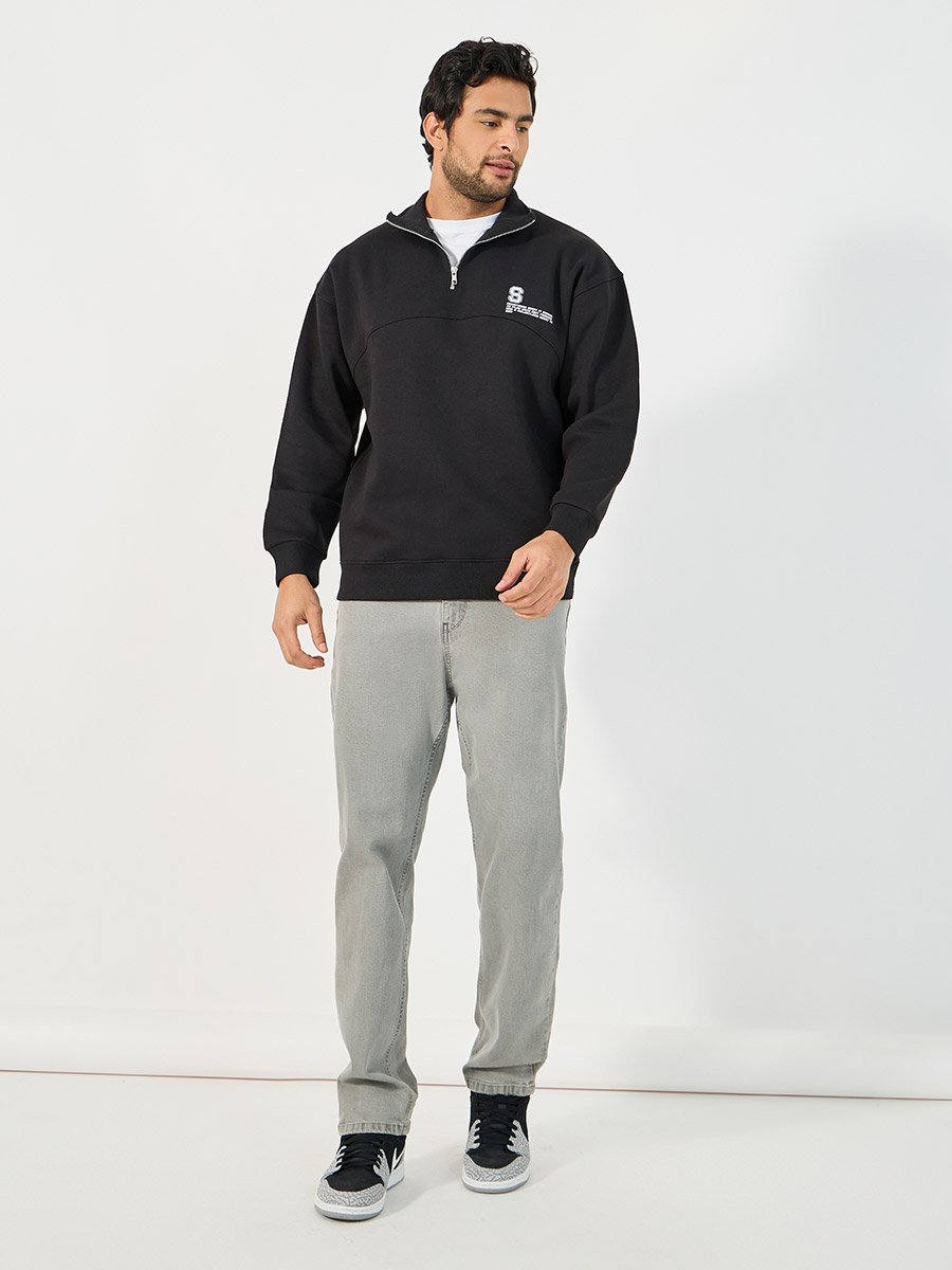 Quarter Zip Chest Print High Neck Boxy Fit Heavy Sweatshirt