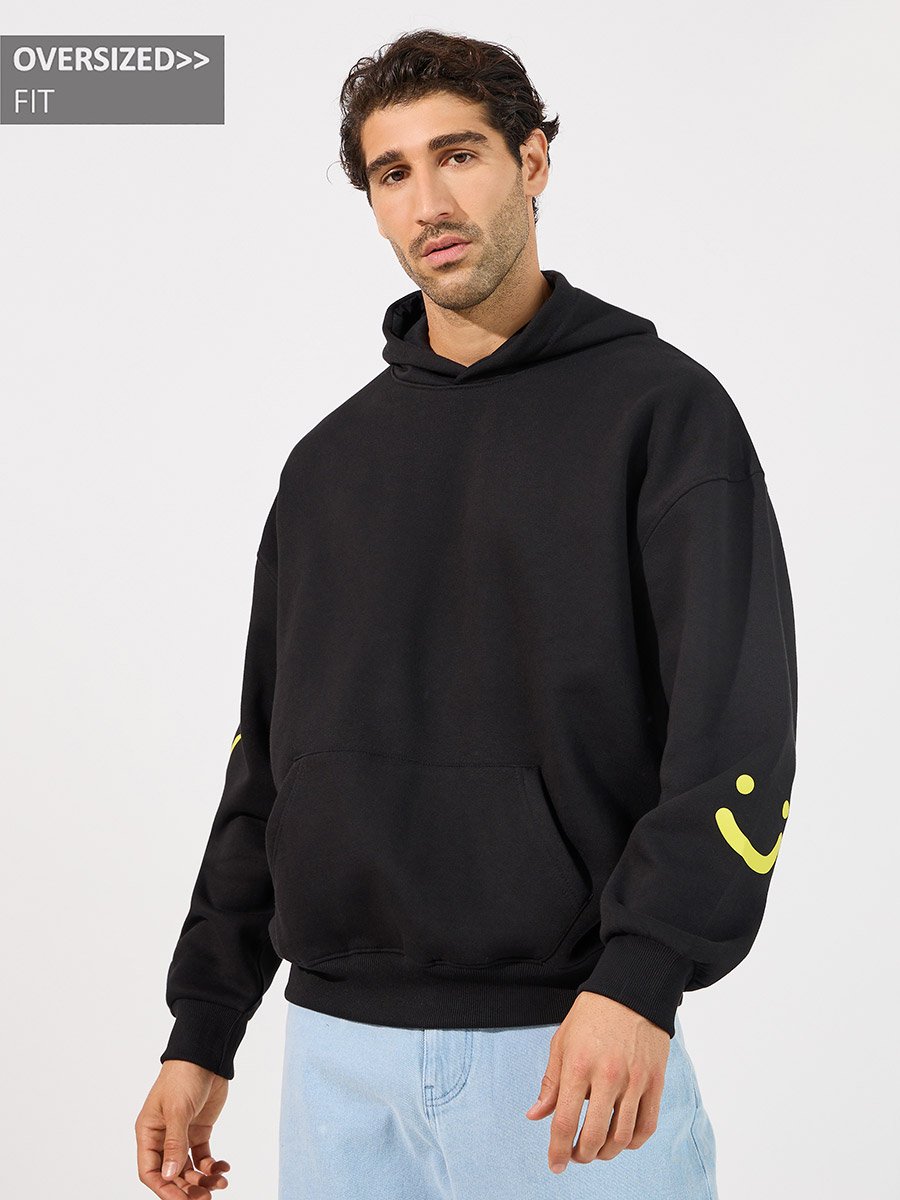 Men Black Minimal Emoji Print Oversized Heavy Hoodie
