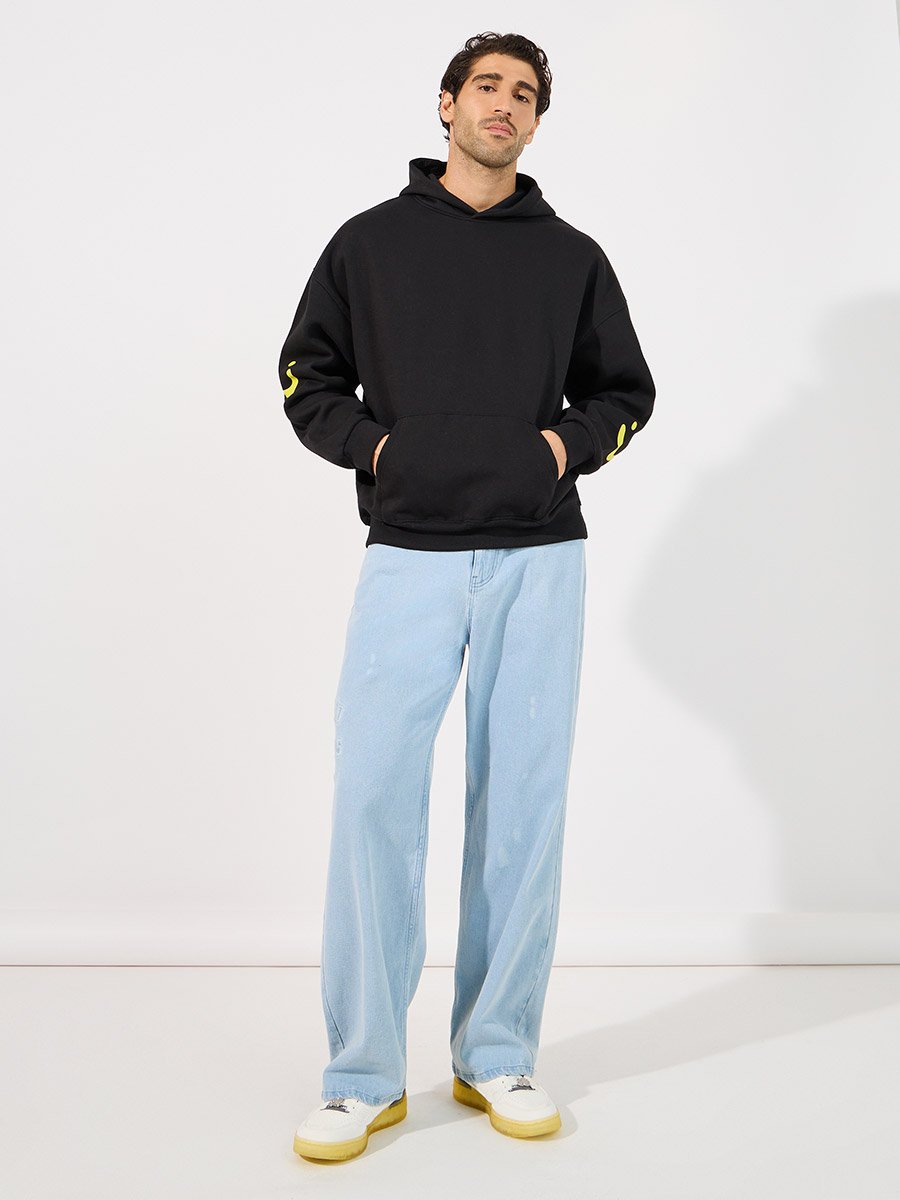 Men Black Minimal Emoji Print Oversized Heavy Hoodie