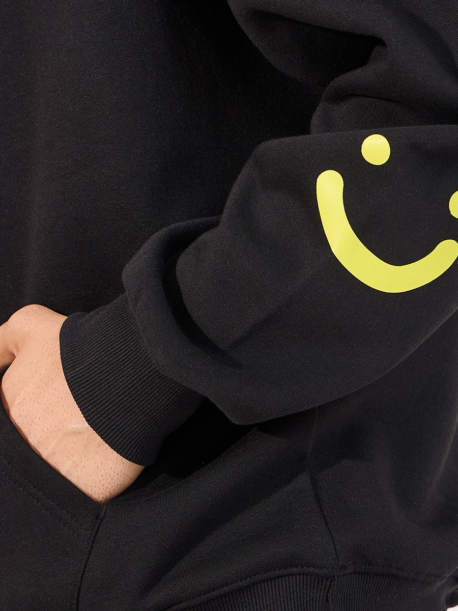 Men Black Minimal Emoji Print Oversized Heavy Hoodie