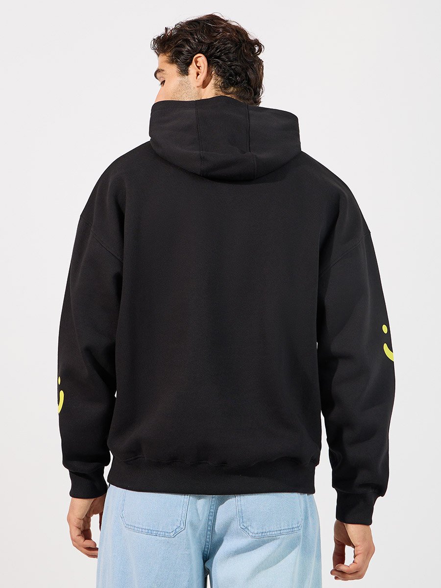 Men Black Minimal Emoji Print Oversized Heavy Hoodie