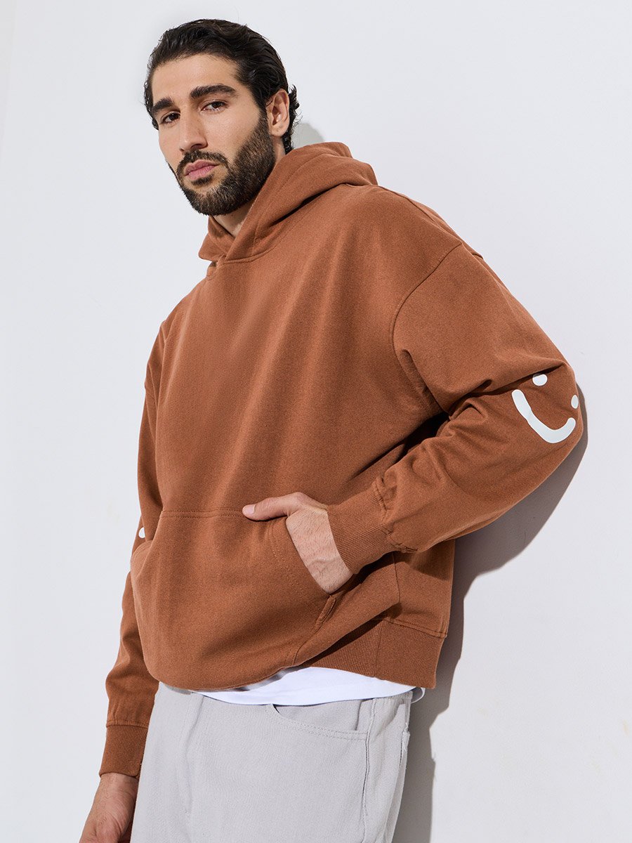 Men Brown Minimal Emoji Print Oversized Heavy Hoodie