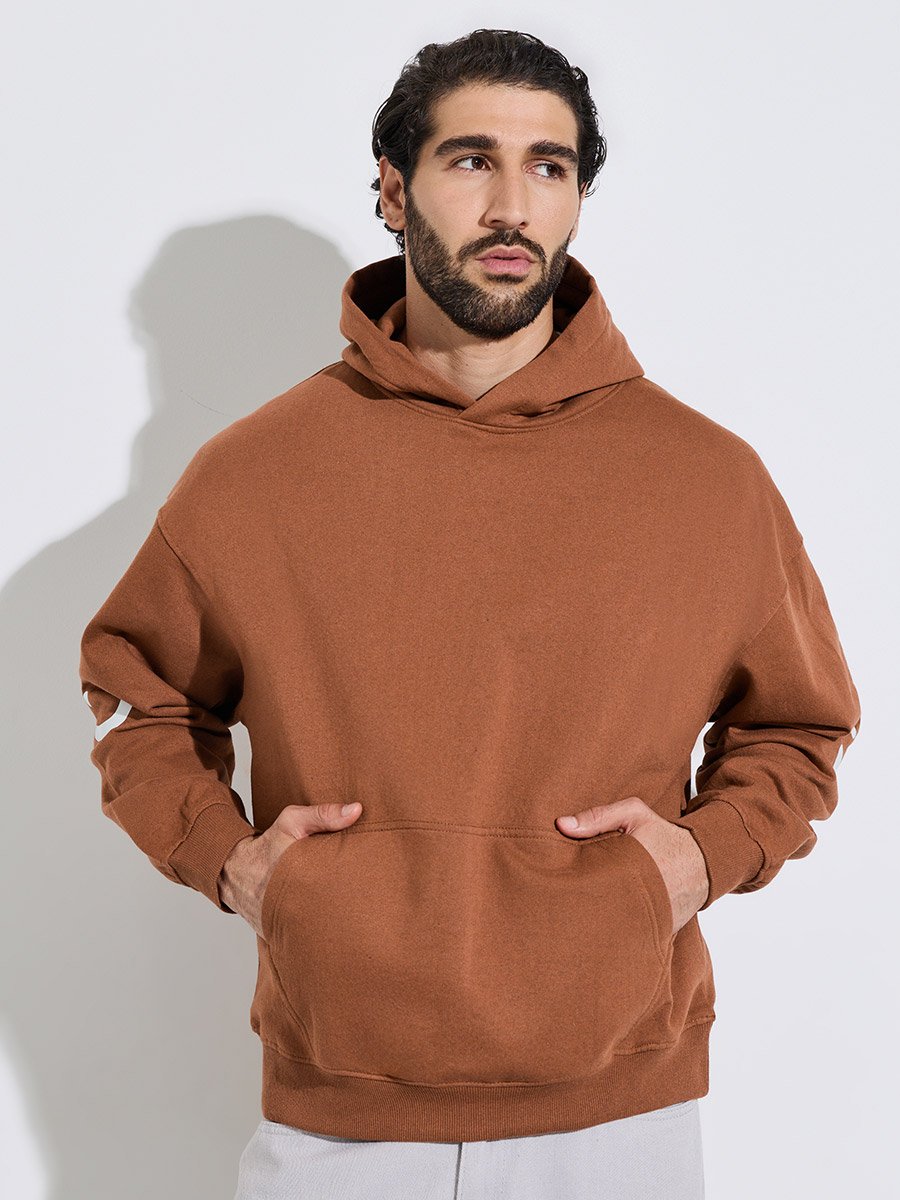 Men Brown Minimal Emoji Print Oversized Heavy Hoodie