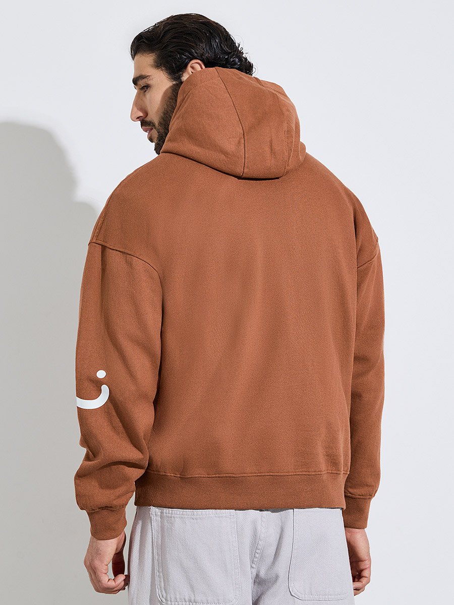 Men Brown Minimal Emoji Print Oversized Heavy Hoodie