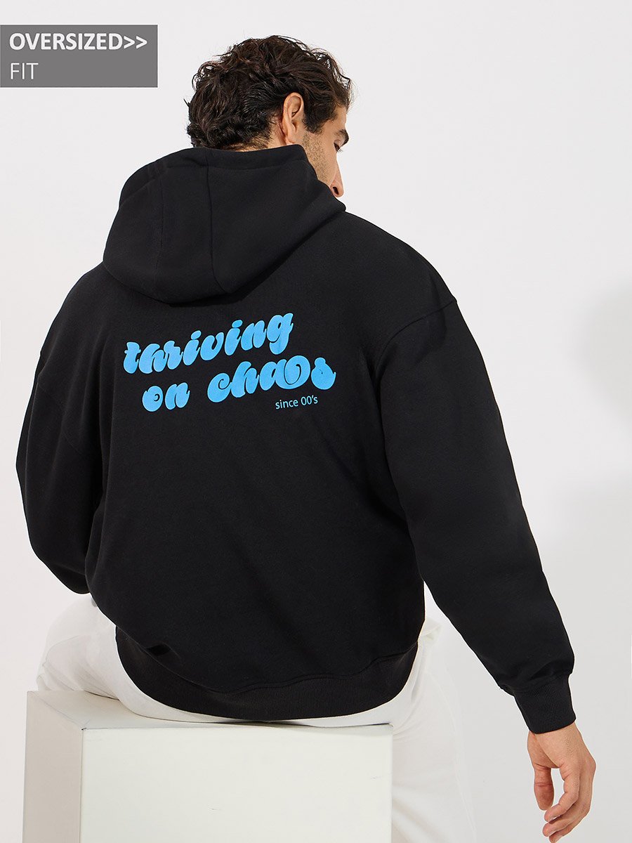Men Black Back Print Heavy Oversized Hoodie