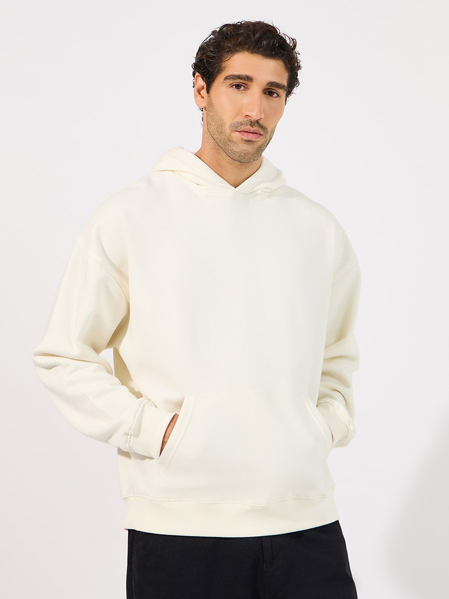 Men Cream Back Print Heavy Oversized Hoodie