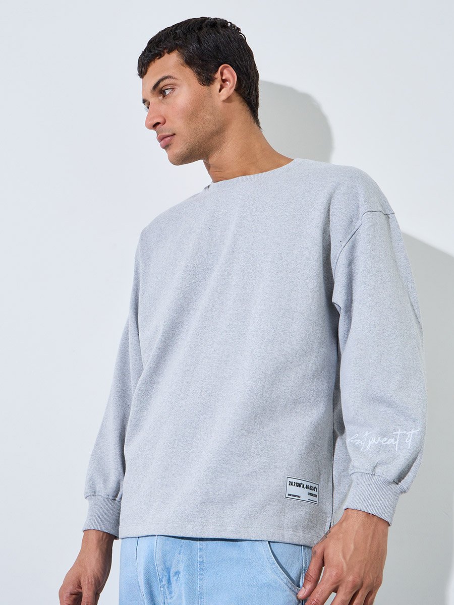 Grey Slogan Print Longline Boxy Sweatshirt with Slide Slit