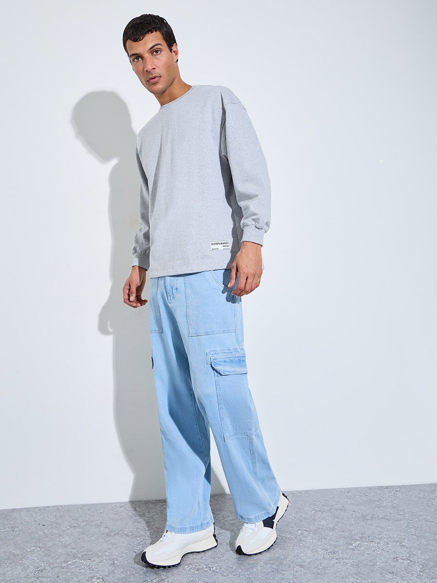 Grey Slogan Print Longline Boxy Sweatshirt with Slide Slit