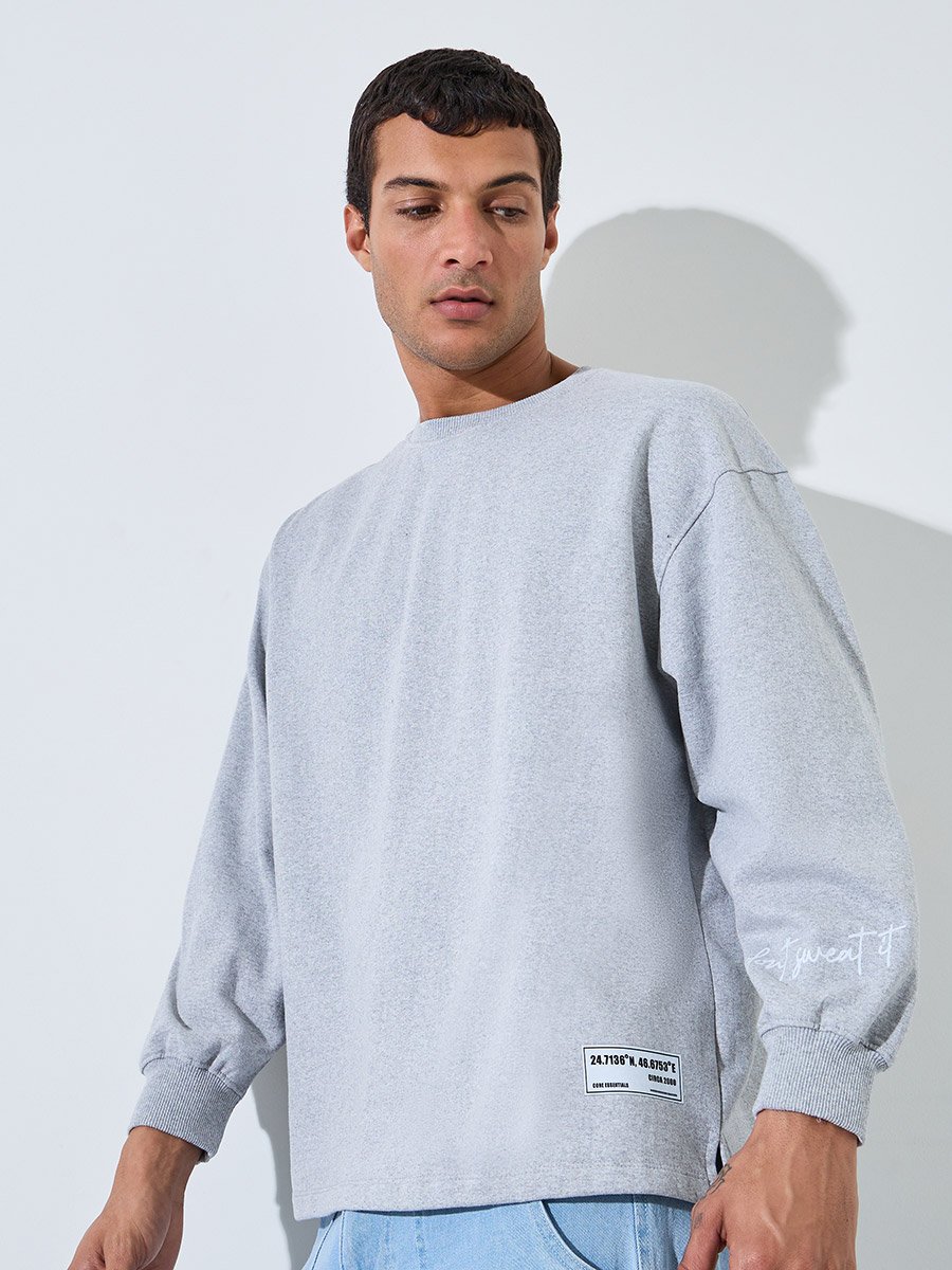 Grey Slogan Print Longline Boxy Sweatshirt with Slide Slit