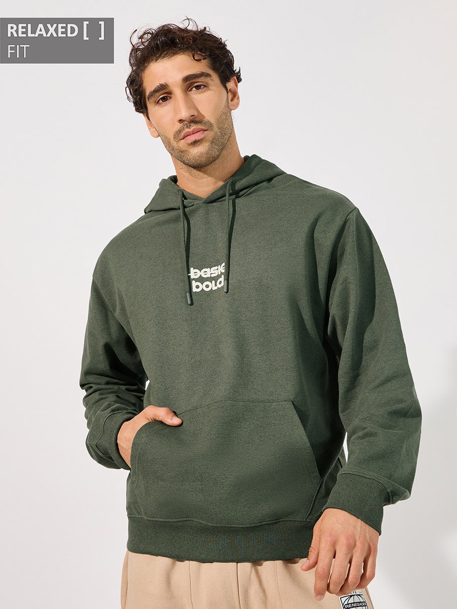 Men Olive Minimal Chest Print Relaxed Fit Hoodie
