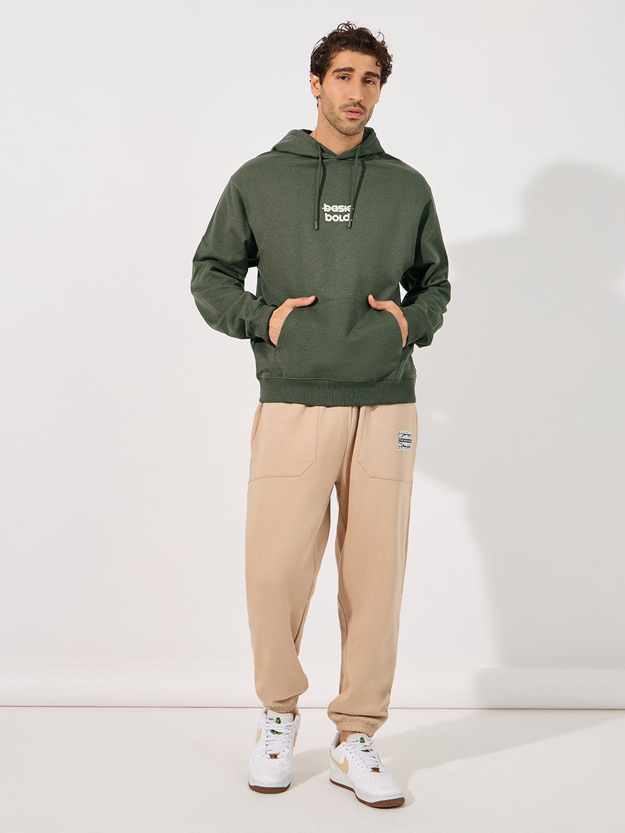 Men Olive Minimal Chest Print Relaxed Fit Hoodie