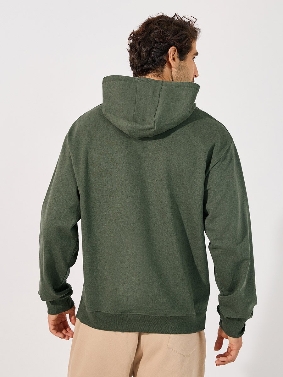 Men Olive Minimal Chest Print Relaxed Fit Hoodie