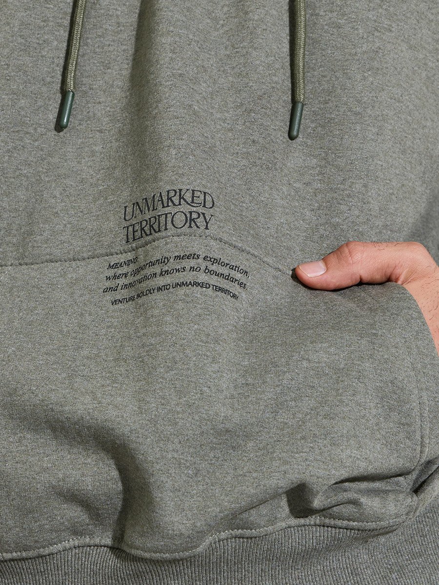 Men Olive Minimal Pocket Statement Print Relaxed Hoodie