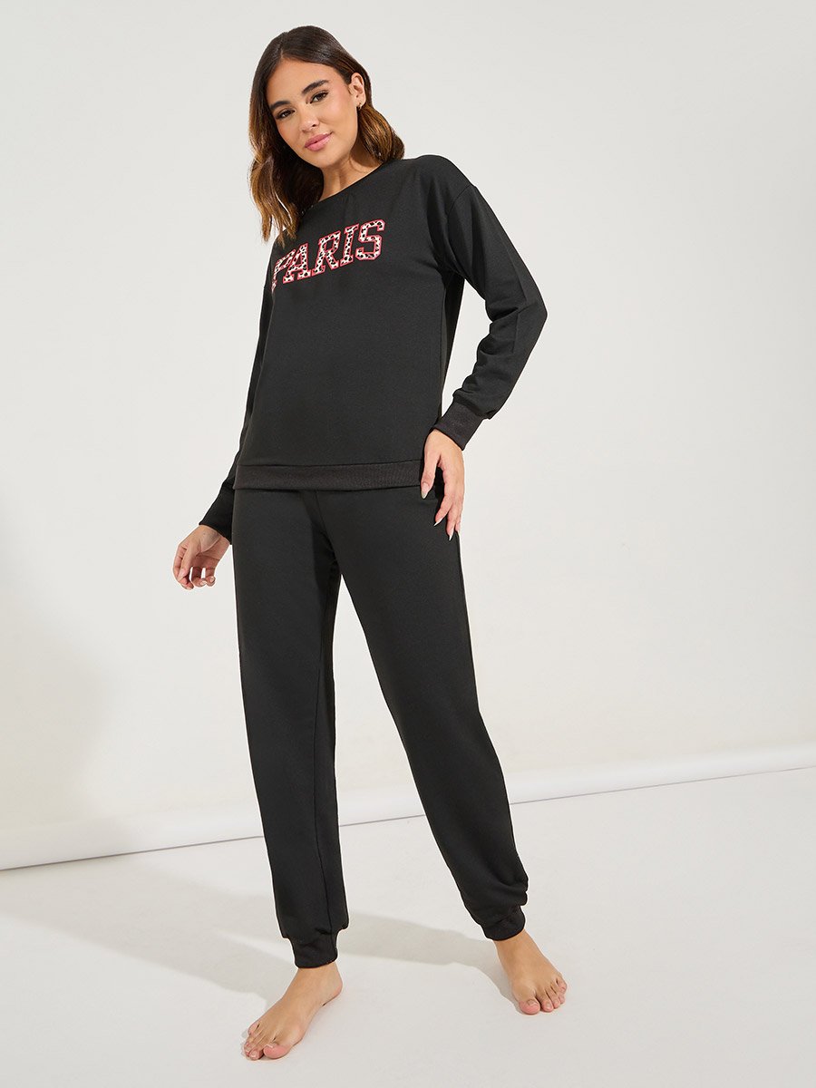 Leopard Paris Slogan Sweatshirt and Jogger Lounge Set