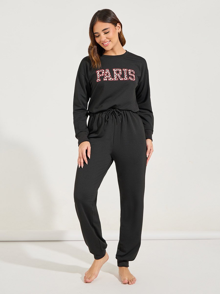 Leopard Paris Slogan Sweatshirt and Jogger Lounge Set