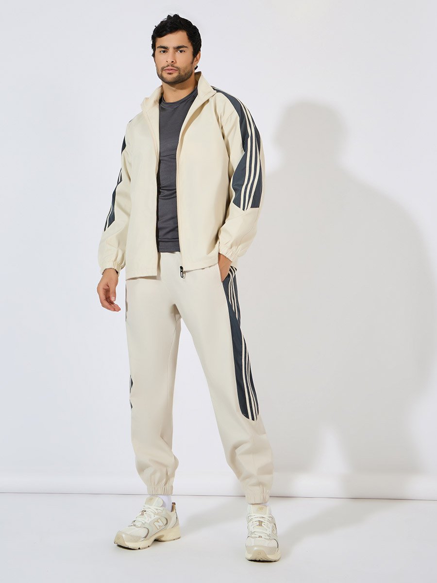 Front Zip Striped Panel Detail Athleisure Track Suit
