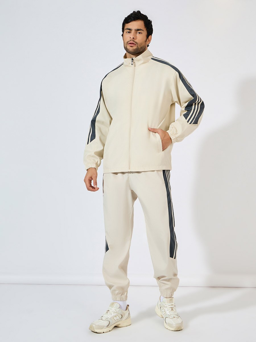 Front Zip Striped Panel Detail Athleisure Track Suit