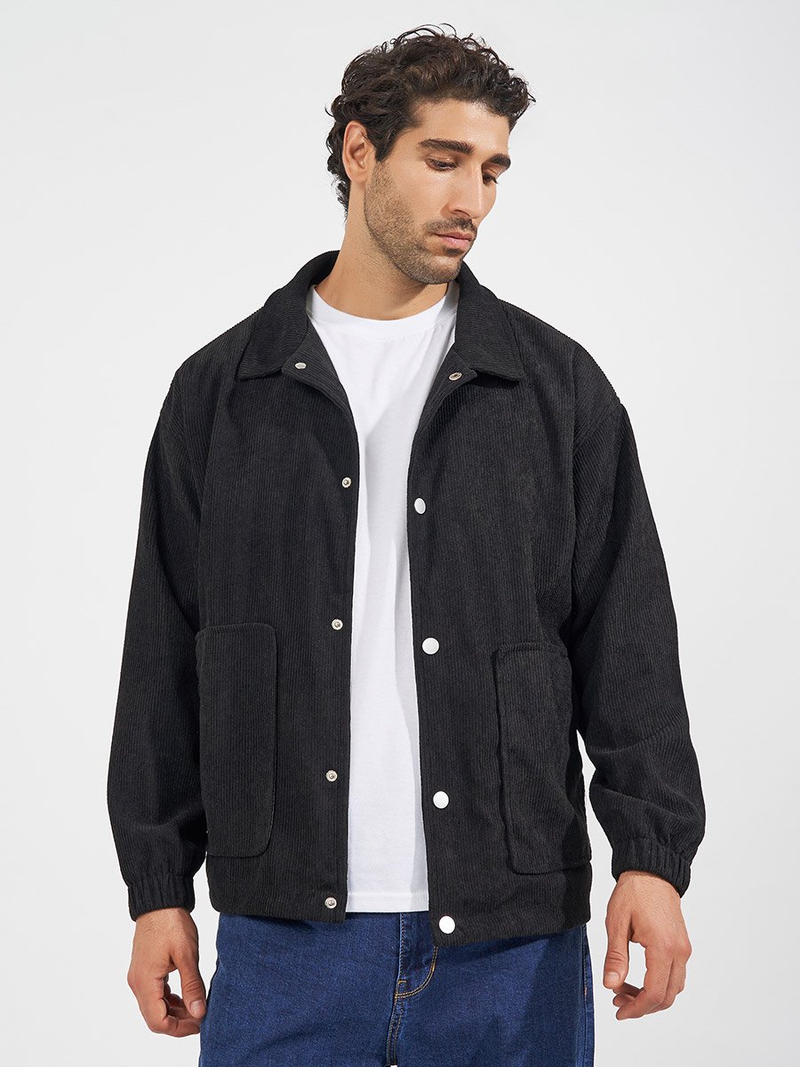 Collared Snap Button Detail Corduroy Utility Jacket