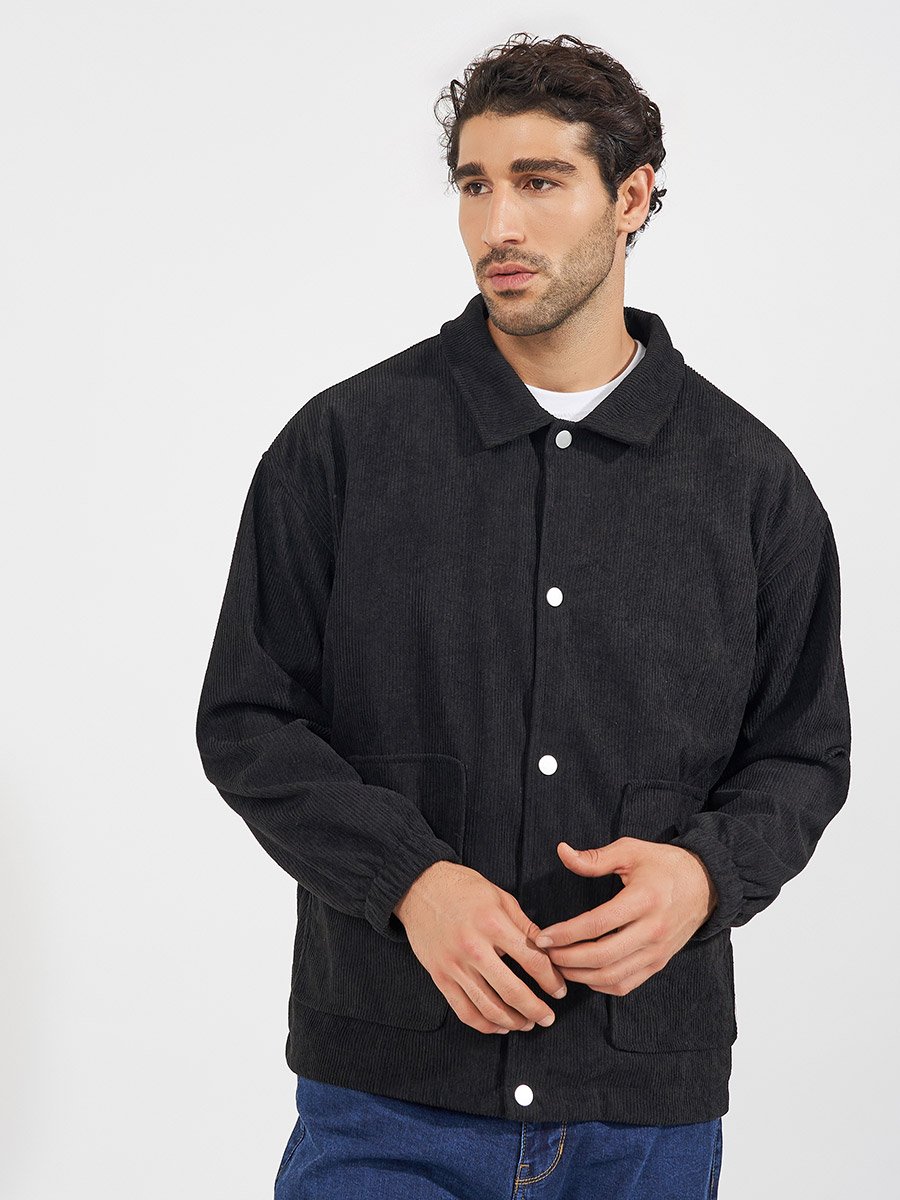 Collared Snap Button Detail Corduroy Utility Jacket
