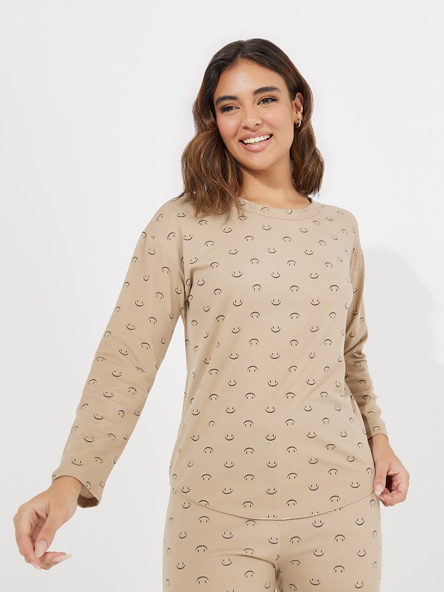 Smile Print Curved Hem Top and Pyjama Set