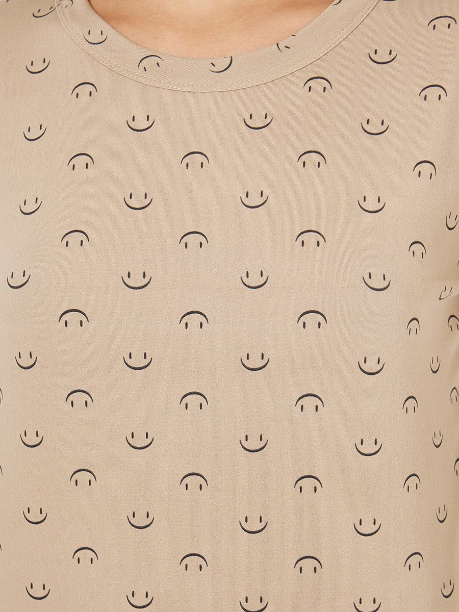 Smile Print Curved Hem Top and Pyjama Set