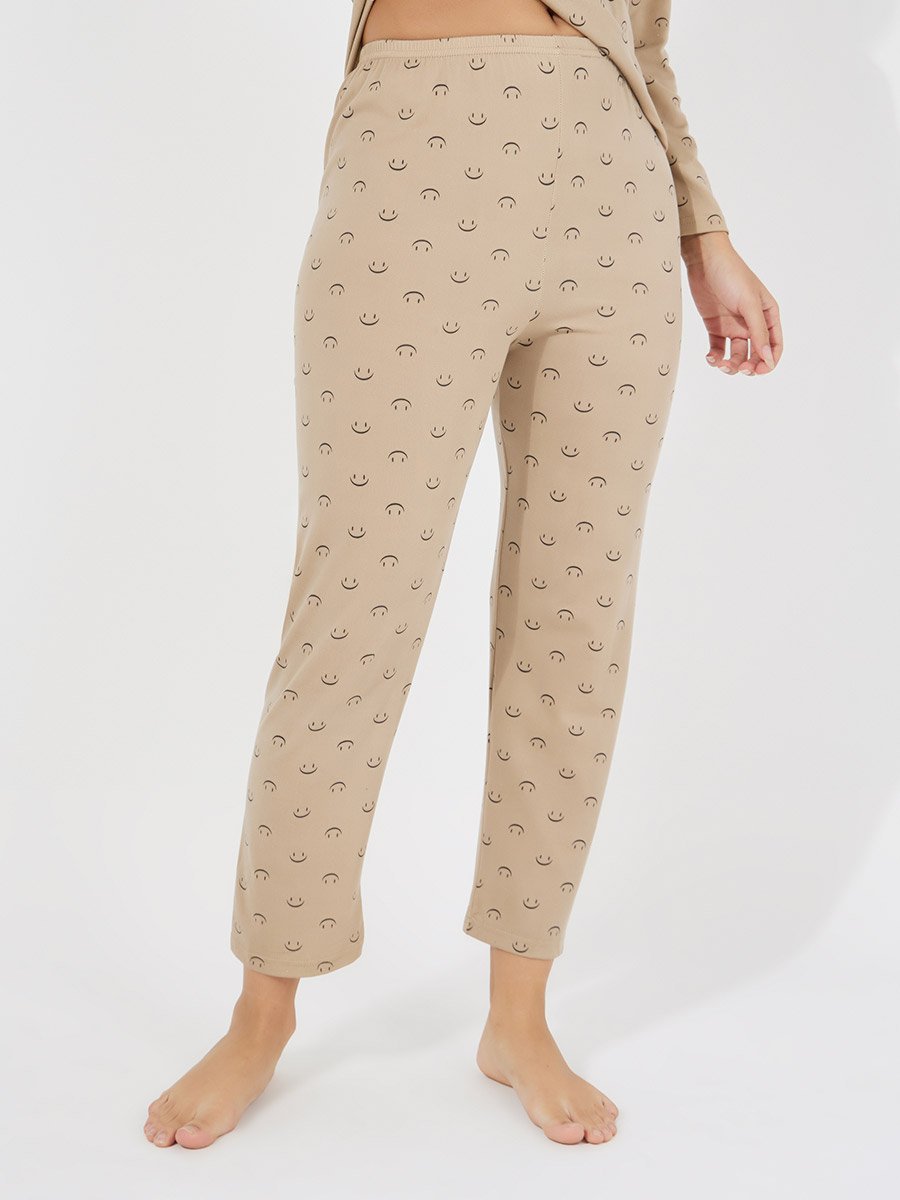 Smile Print Curved Hem Top and Pyjama Set