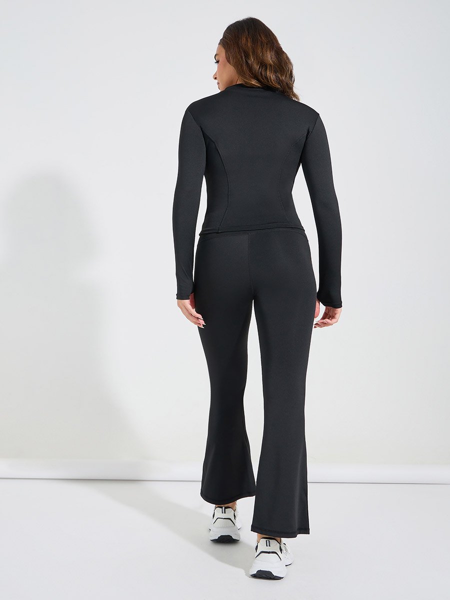 Seam and Thumbhole Detail Jacket and Broad Waist Flared Legging Set