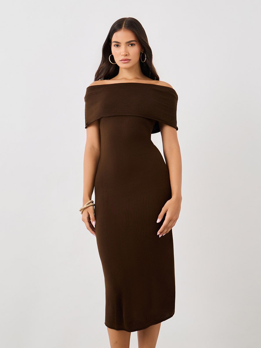 Solid Off Shoulder Bodycon Midi Dress