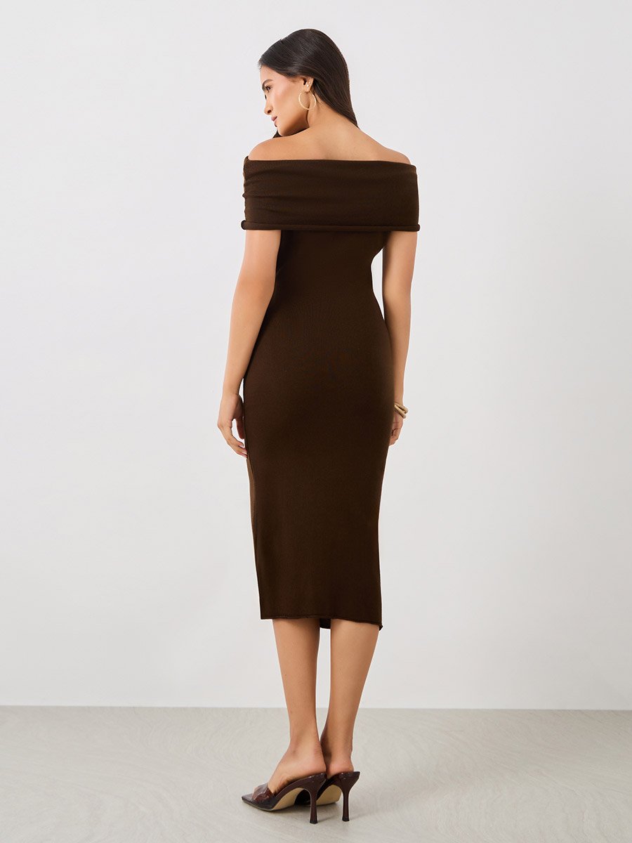 Solid Off Shoulder Bodycon Midi Dress