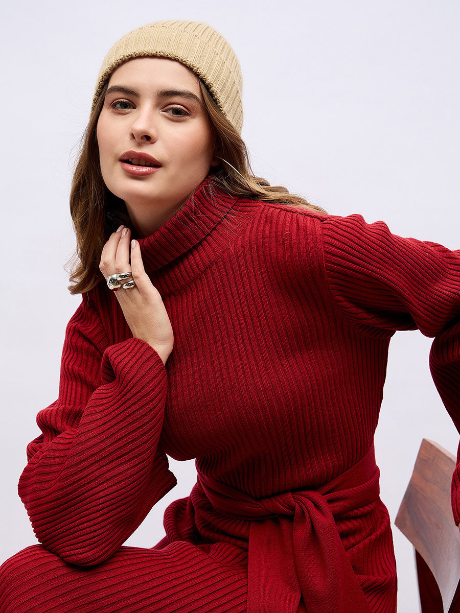 Flat Knit Turtle Neck Maxi Dress with Tie-Belt