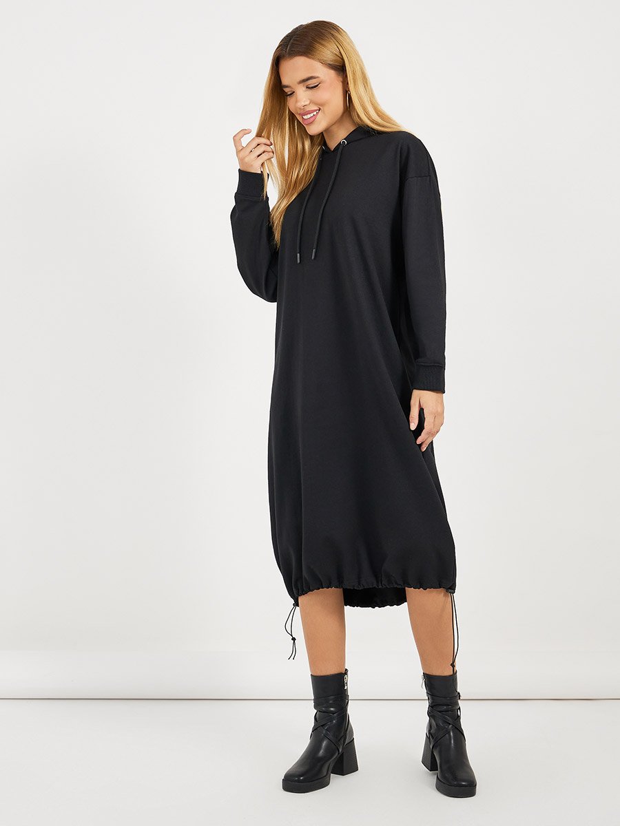 Oversized Hooded Sweatshirt Midi Dress with Toggle Hem For Women at Saudi |  Styli