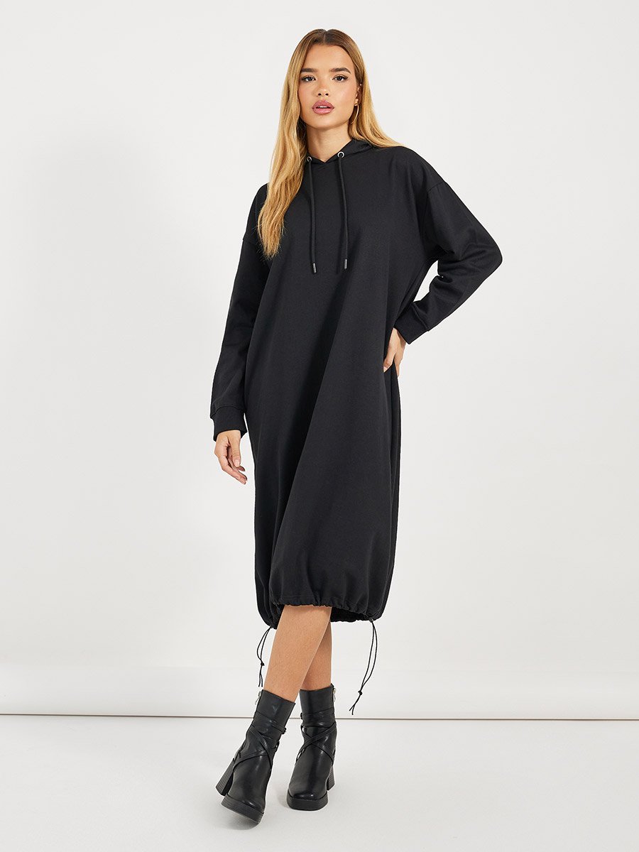 Oversized Hooded Sweatshirt Midi Dress with Toggle Hem For Women at Saudi | Styli Oversized Hooded Sweatshirt Midi Dress with Toggle Hem For Women at Saudi | Styli
