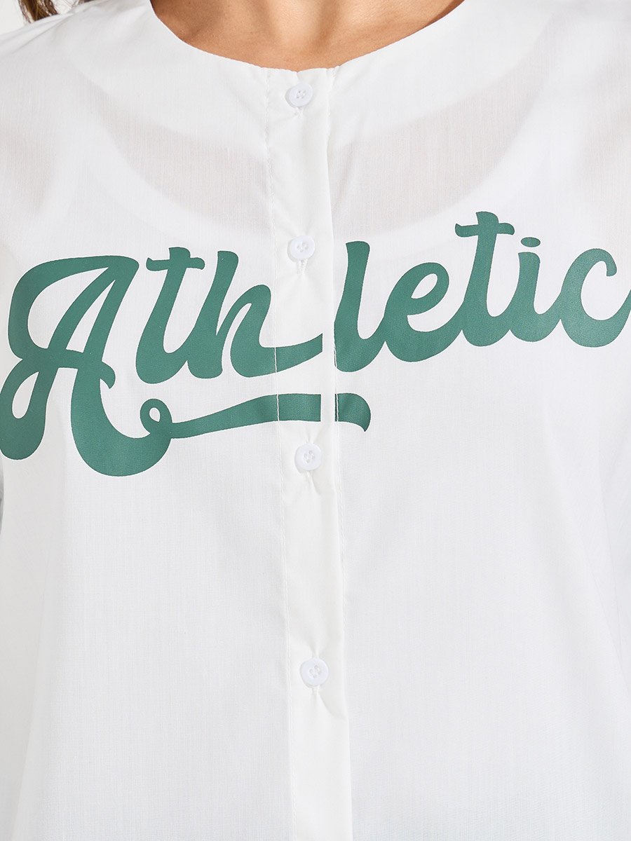 Contrast Sleeve Varsity Print Collarless Shirt