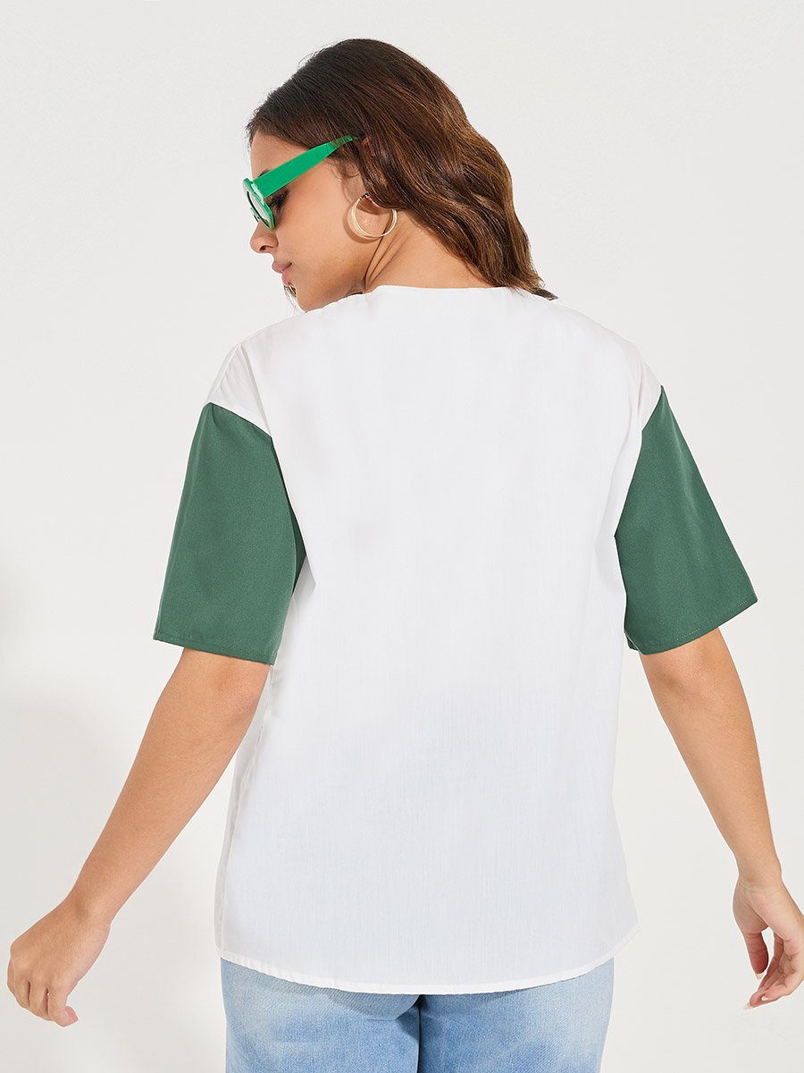 Contrast Sleeve Varsity Print Collarless Shirt