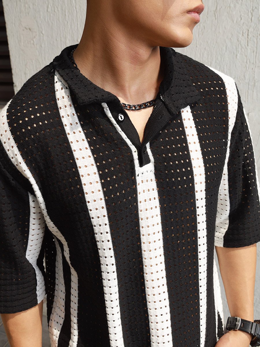 Eyelet Design Striped Knit Polo