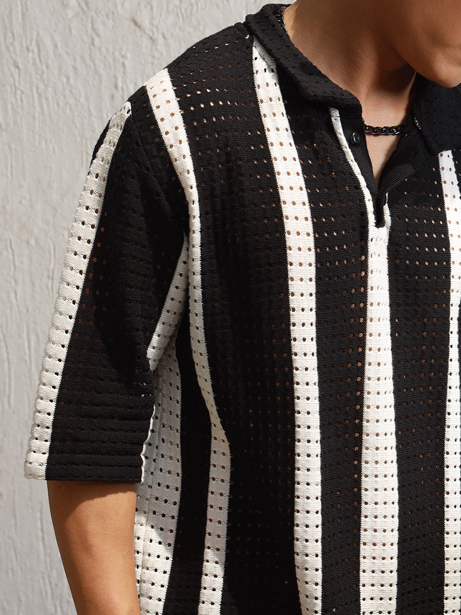 Eyelet Design Striped Knit Polo
