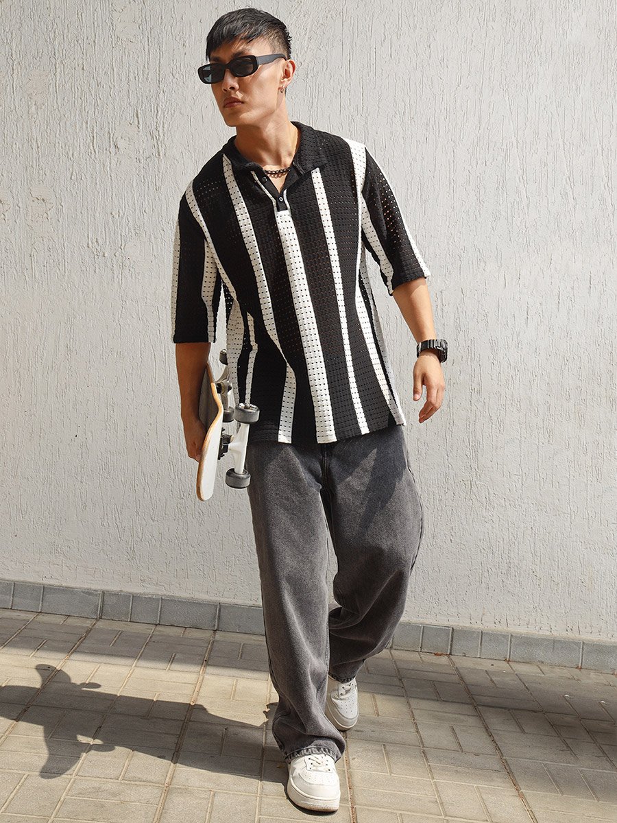 Eyelet Design Striped Knit Polo