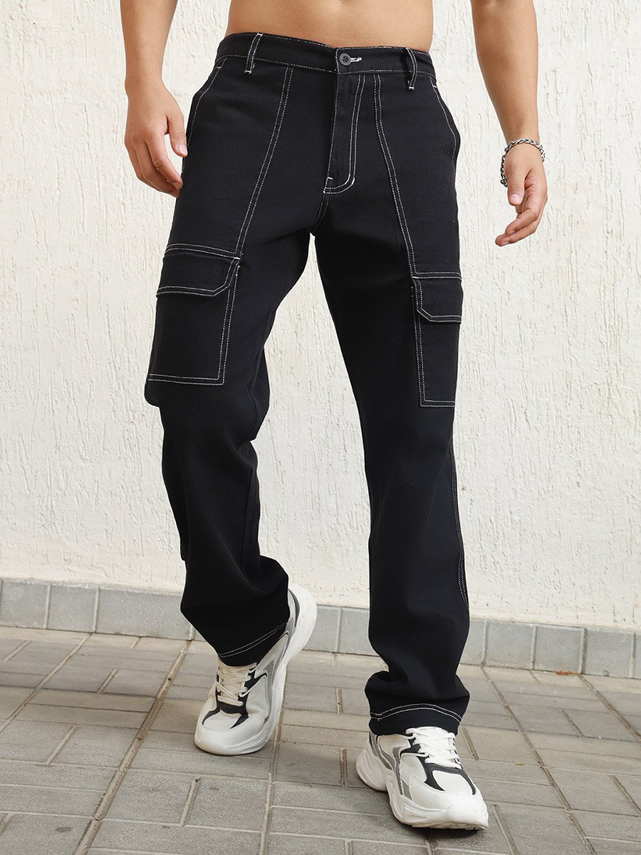 Relaxed Fit Cargo Pants with Contrast Stitch Detail