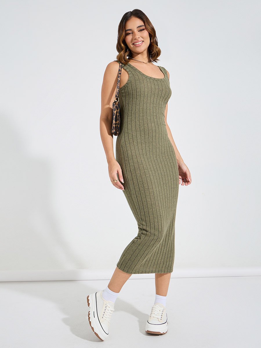 bodycon midi dress ribbed V-Neck Ribbed Bodycon Midi Dress Green / Small main image 0