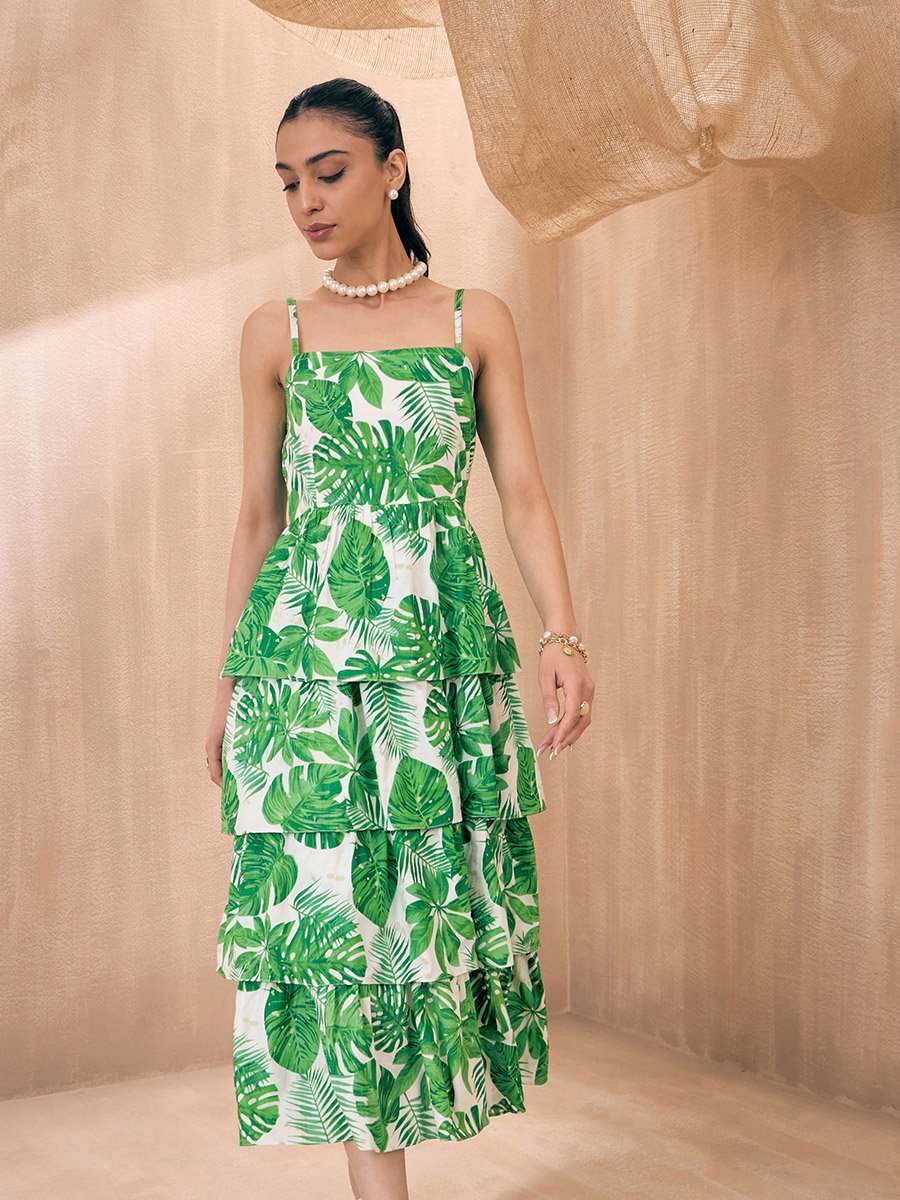 green leaf wrap dress Final Sale Plus Size Faux Wrap Dress in White and Green Palm Print main image 1