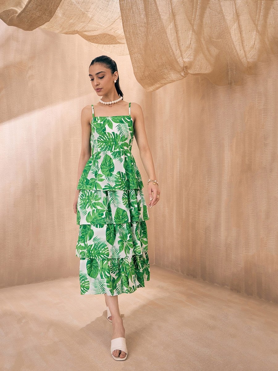 Strappy Leaf Print Layered Frill Midi Dress For Women at UAE | Styli Strappy Leaf Print Layered Frill Midi Dress For Women at UAE | Styli