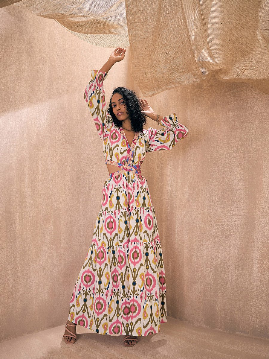 knee length dresses for ladies Odette Women's Maxi Dress Red Gold Ikat – Mer St. Barth main image 1