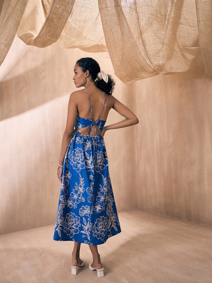Poplin Floral Print Strappy Tie Back Midi Dress