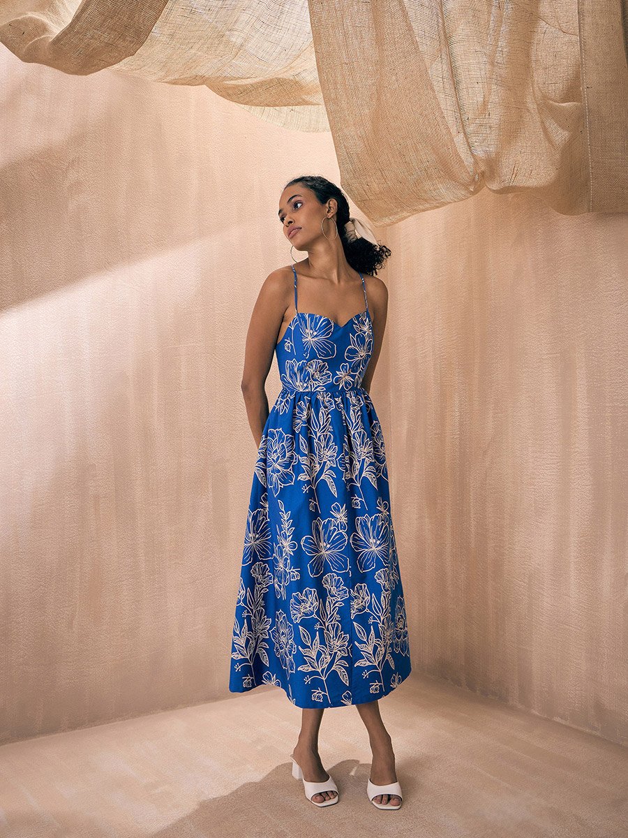 Poplin Floral Print Strappy Tie Back Midi Dress