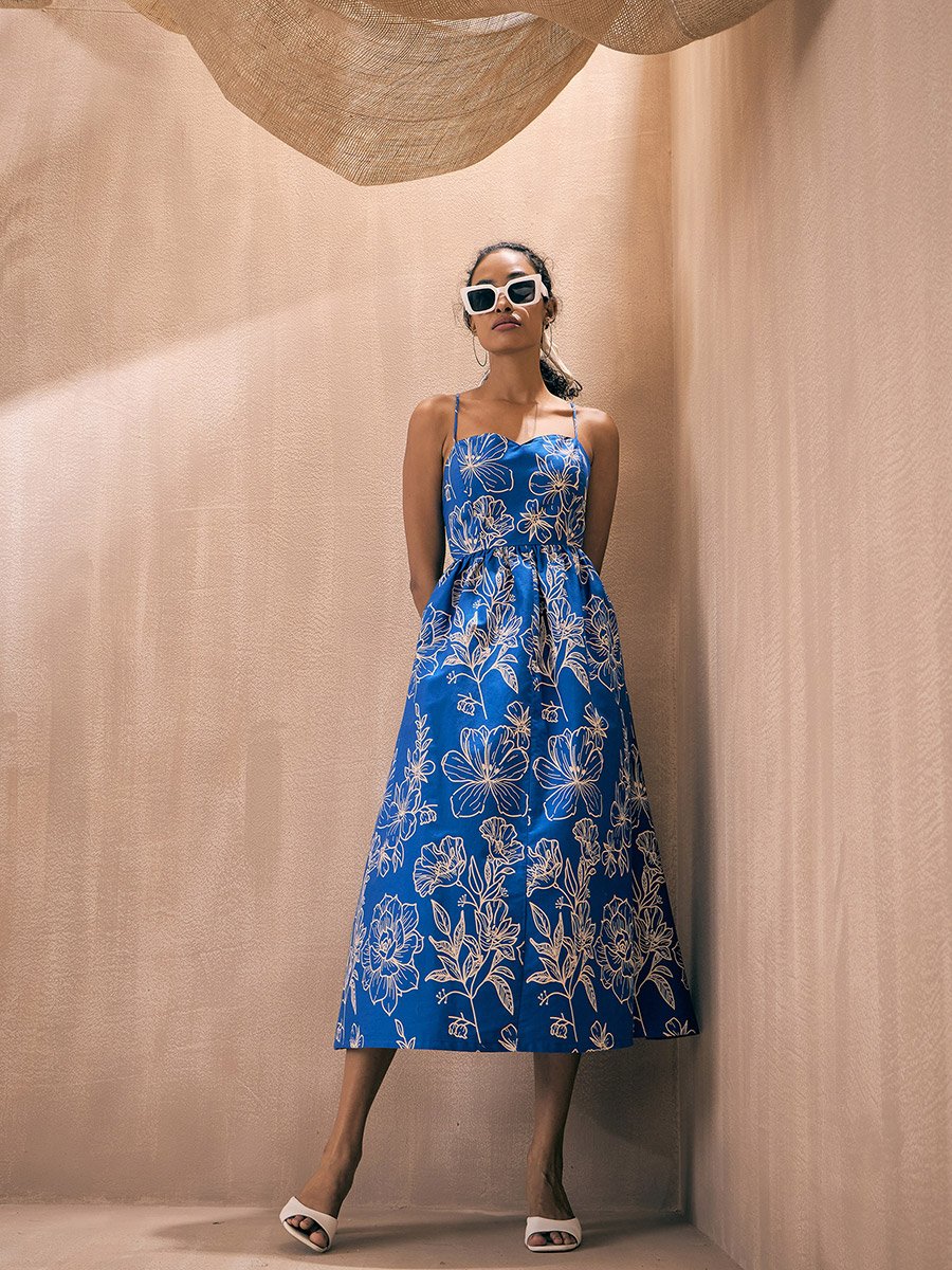 Poplin Floral Print Strappy Tie Back Midi Dress