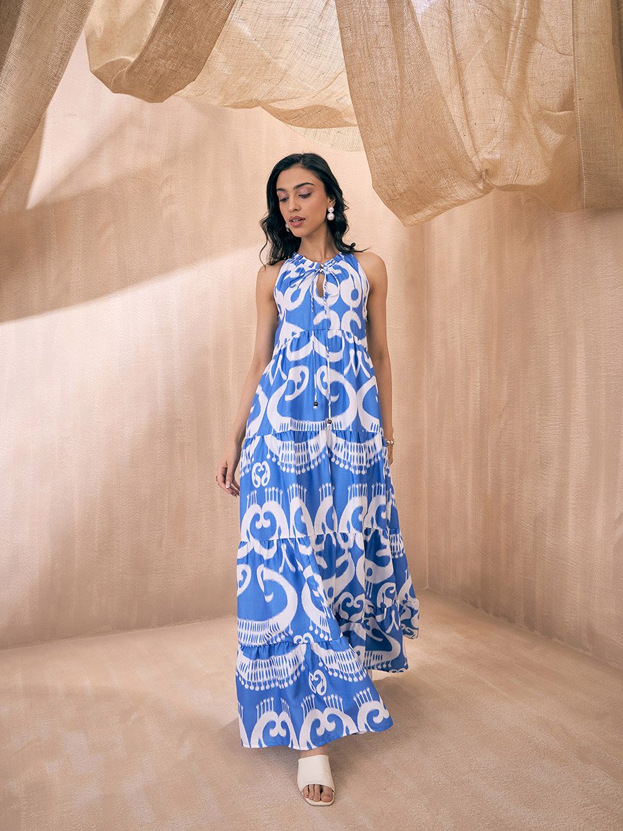 Ikat Print Dori Neck Tiered Maxi Dress For Women at Saudi | Styli Ikat Print Dori Neck Tiered Maxi Dress For Women at Saudi | Styli