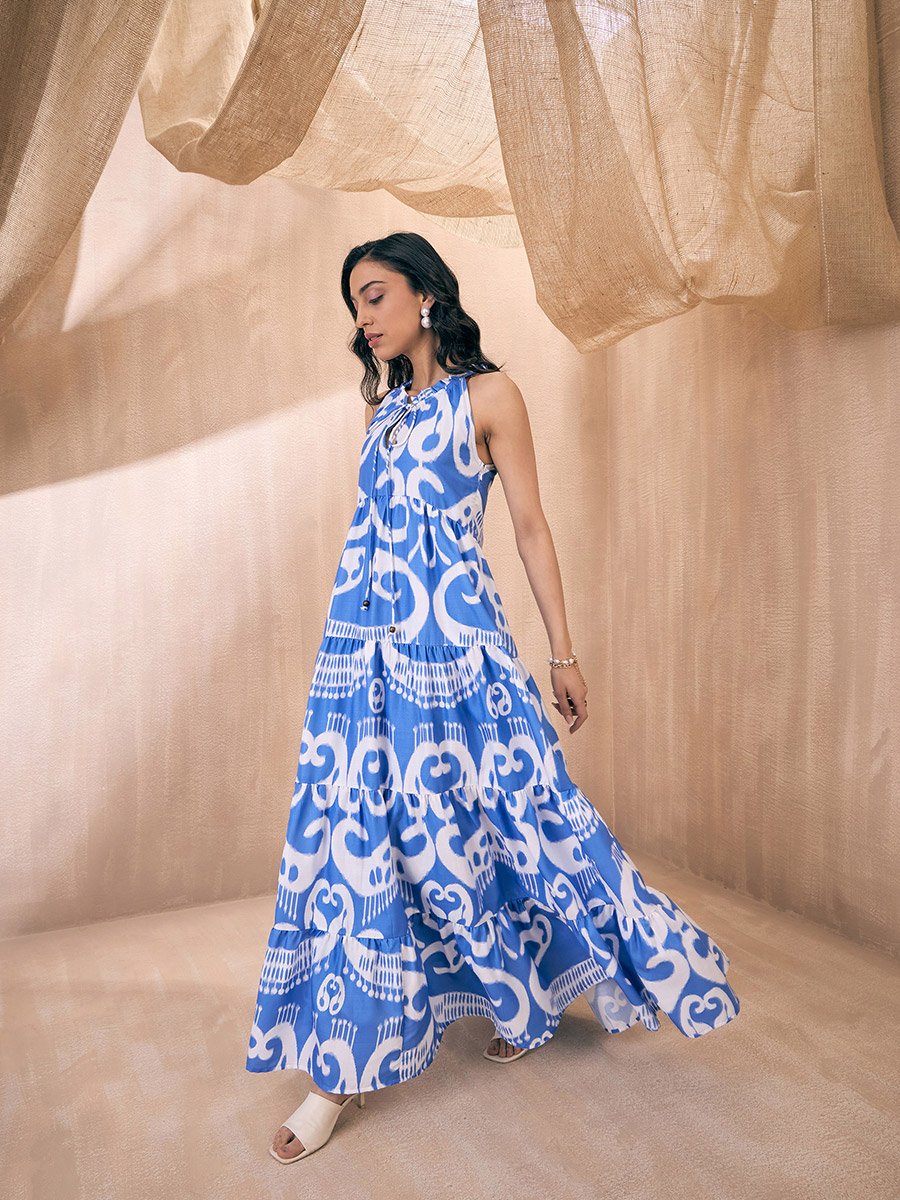 Ikat Print Dori Neck Tiered Maxi Dress For Women at UAE | Styli Ikat Print Dori Neck Tiered Maxi Dress For Women at UAE | Styli