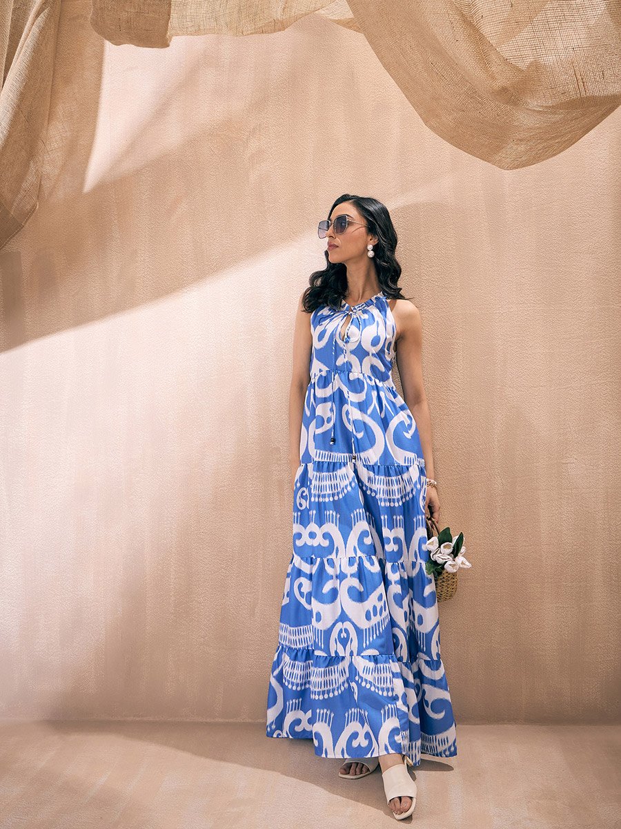 Ikat Print Dori Neck Tiered Maxi Dress For Women at Saudi | Styli