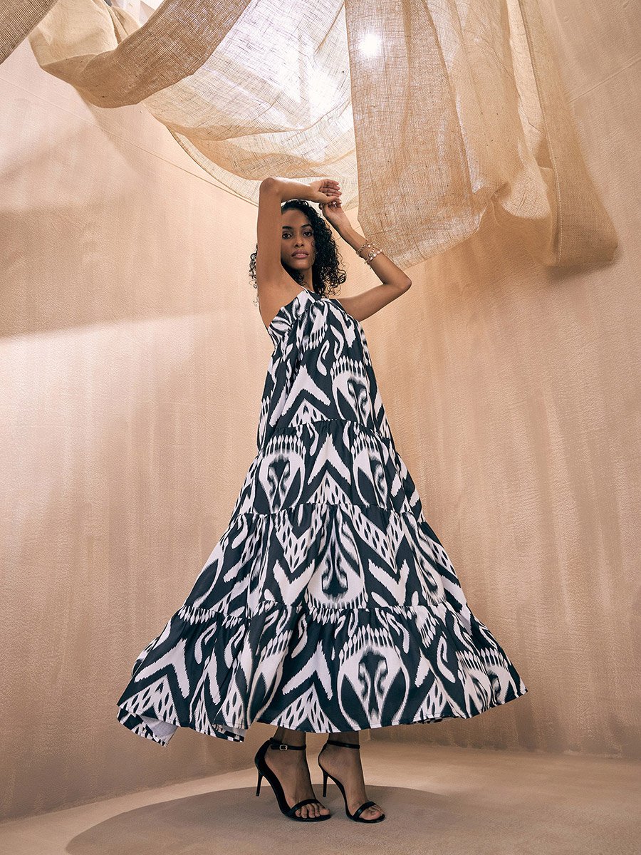 Ikat Loose Fit Strappy Tiered Maxi Dress For Women at Kuwait | Styli