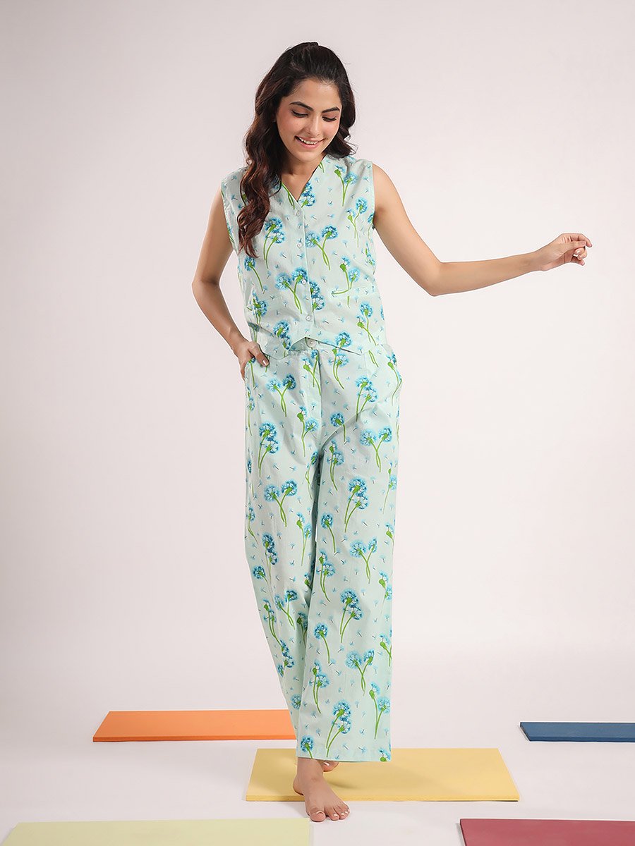 Cotton Dandelion Print Shirt and Straight Pyjama Set